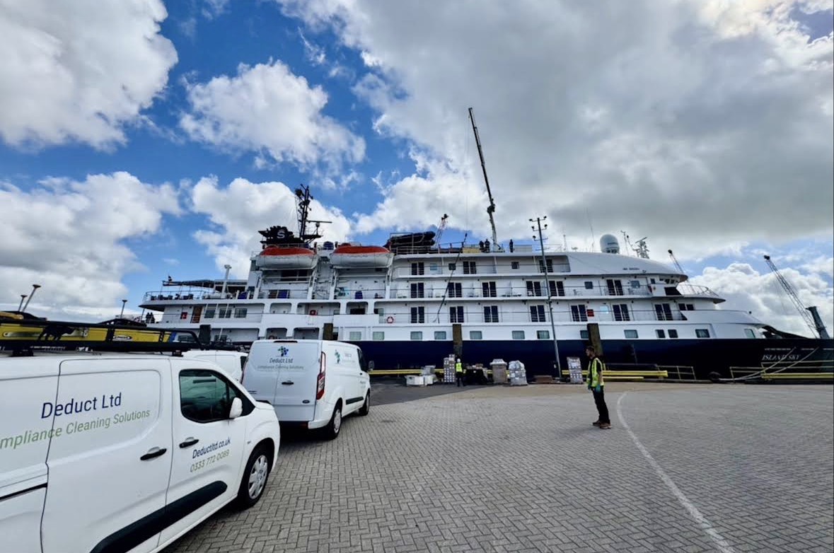 Commercial vessel in port for marine HVAC cleaning