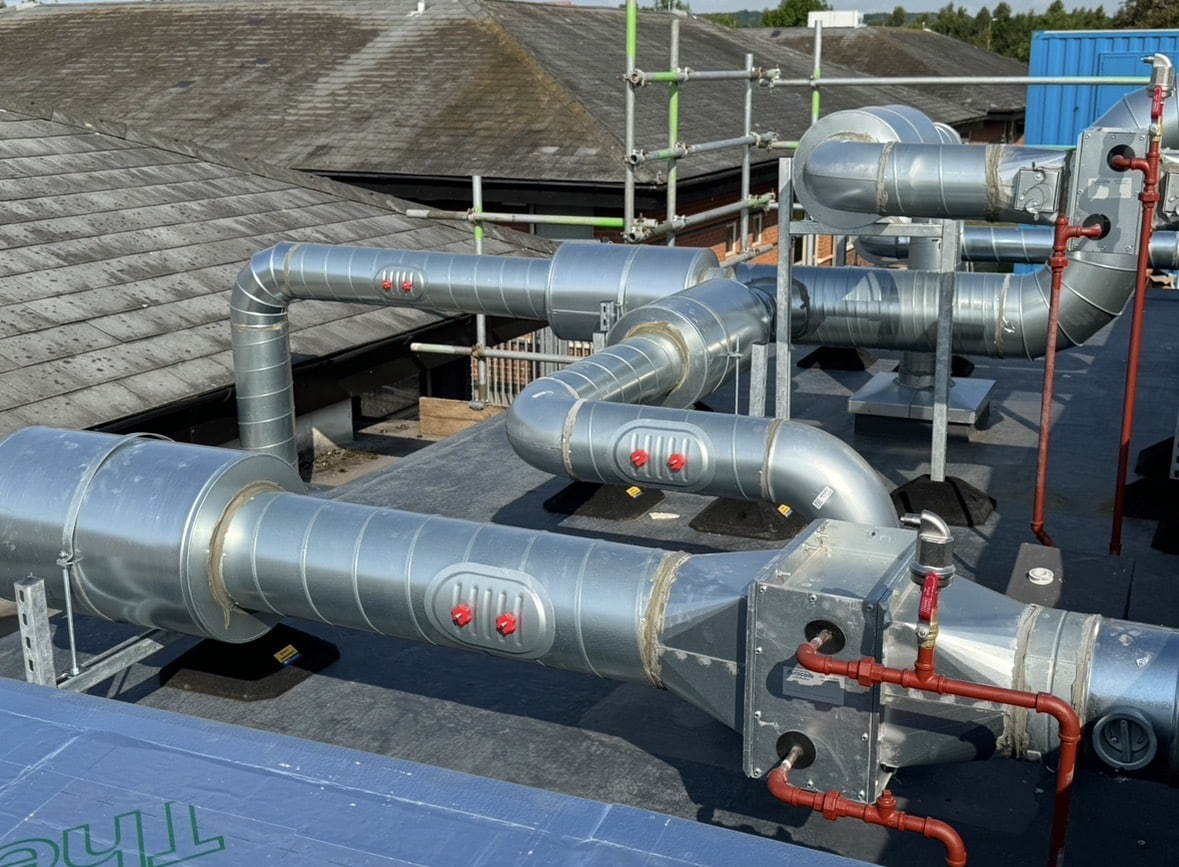 Industrial LEV ductwork on a UK manufacturing rooftop