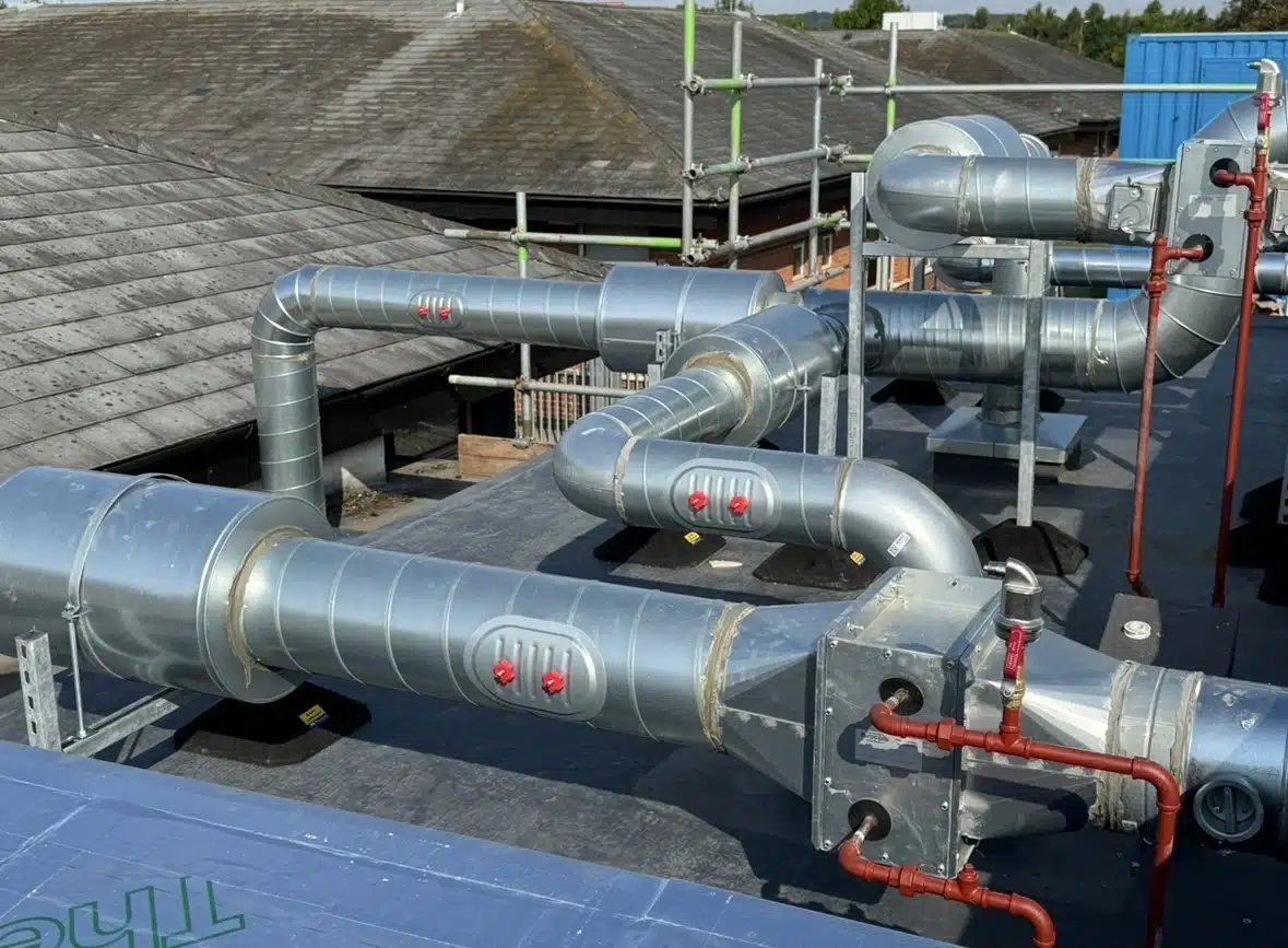 Industrial LEV ductwork on a UK manufacturing rooftop